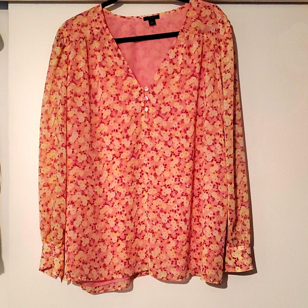 Ann Taylor Factory Womenโs XL Pink Floral V-Neck Long Sleeve Blouse